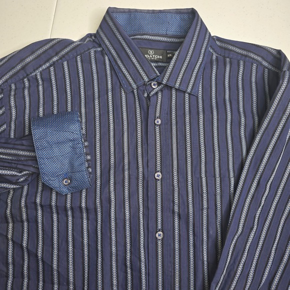 BUGATCHI UOMO Men's XXL Blue White Stripe Long Sleeve Flip Cuff Shirt -1165 - Picture 1 of 7
